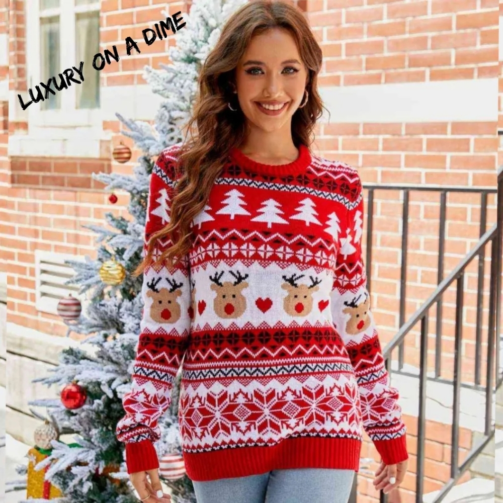Knit Reindeer Heart Round Neck Winter Holiday Long Sleeve Christmas Sweater Top